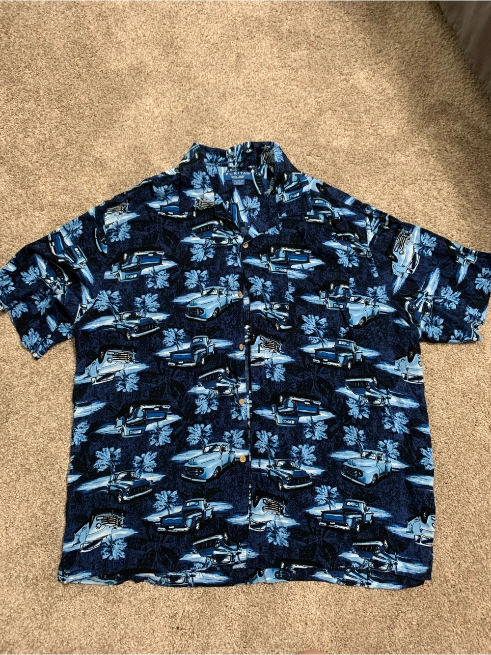 Puritan Vintage Men’s Blue Truck Palm Tree Hawaiian Button Down Shirt Rayon XL